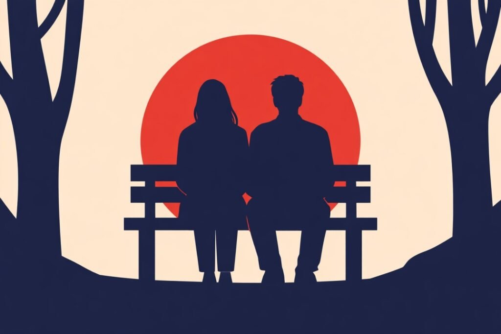 Bold flat vector illustration of two silhouettes sitting together on a bench in comfortable silence, symbolizing that not every silence is empty