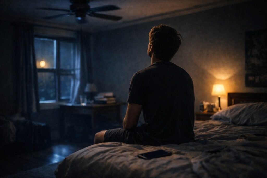 A young man sitting alone on the edge of his bed in a dimly lit room at 2 AM, staring at the ceiling with a reflective expression, capturing the feeling of why silence feels louder at night