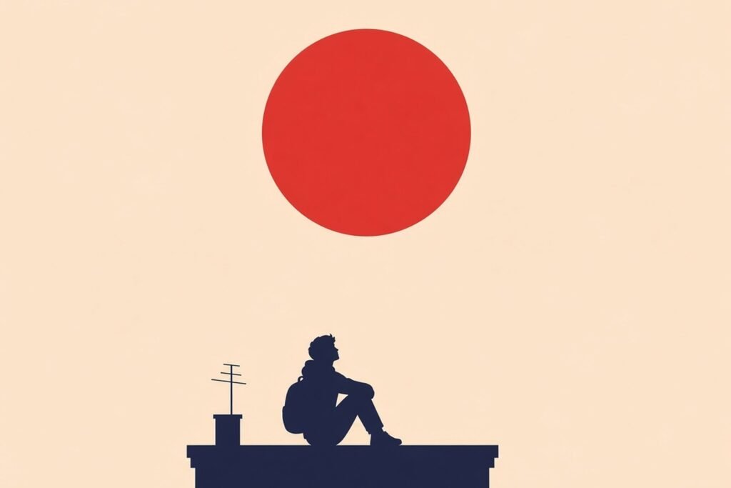 Flat vector illustration of a silhouetted figure at an open window at midnight, red moon over quiet rooftops on a cream sky.