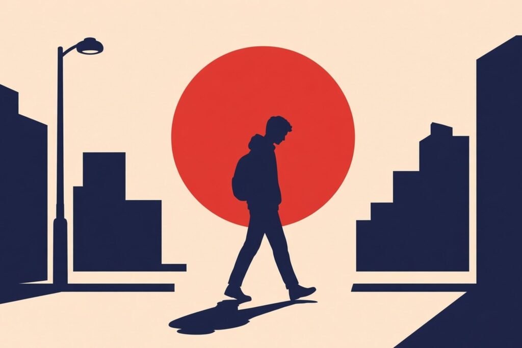 Flat vector illustration of a silhouetted person walking head down along a city street, long shadow behind, large red sun on a cream sky.