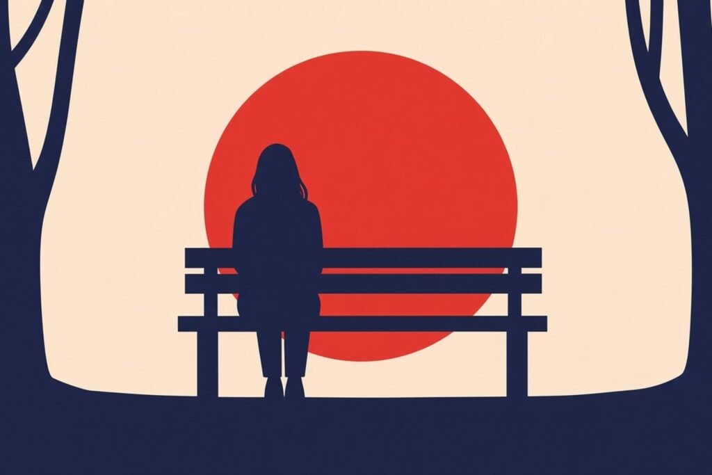 Flat vector illustration of a lone silhouetted figure on one side of a park bench between bare trees, large red moon on a cream sky.