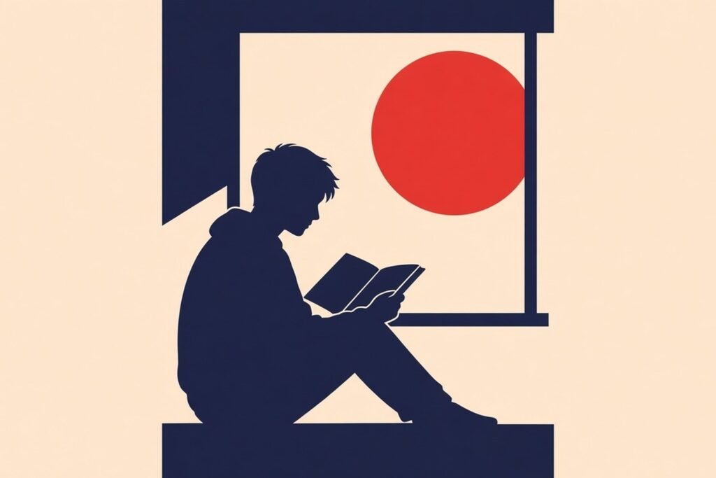 Flat vector illustration of a silhouetted young man sitting by a window reading an old book or album, red moon behind him on a cream sky.