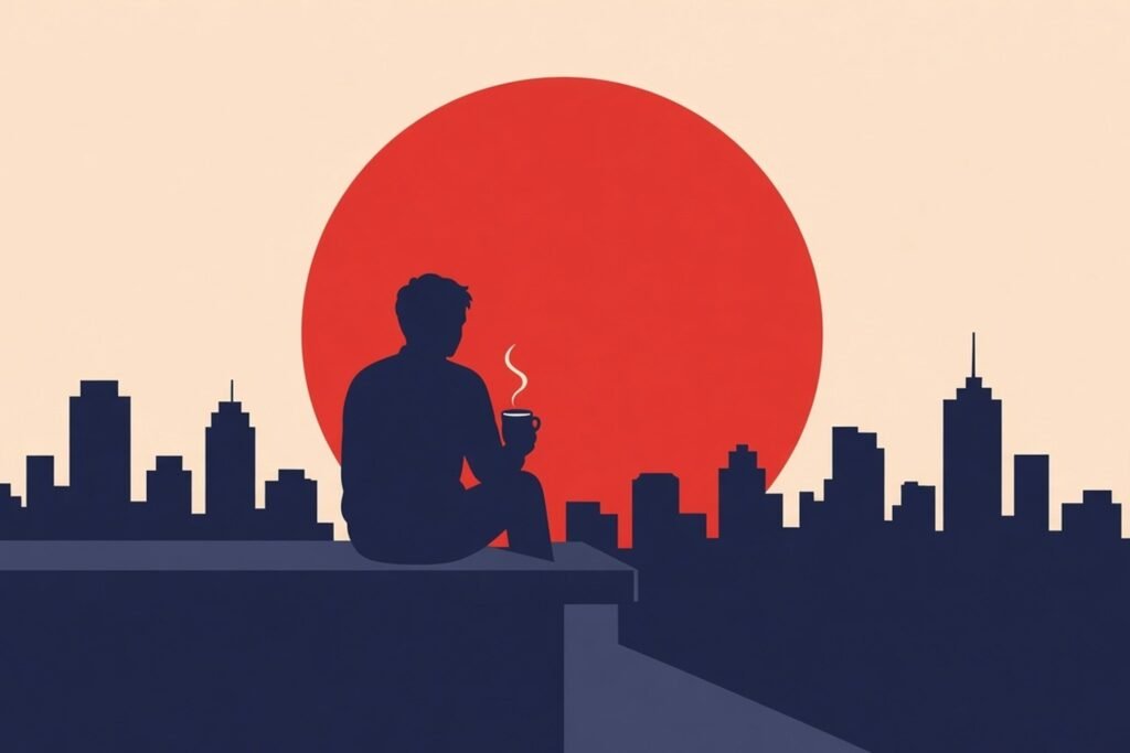 Flat vector illustration of a silhouetted man sitting on a rooftop ledge holding a steaming cup above a sleeping city skyline, large red moon on cream sky.