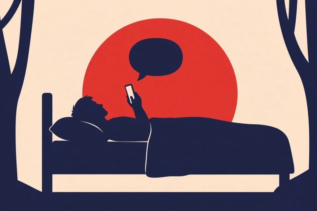 Flat vector illustration of a silhouetted person lying in bed holding a glowing phone, an empty speech bubble above, red moon behind and bare trees at the sides.