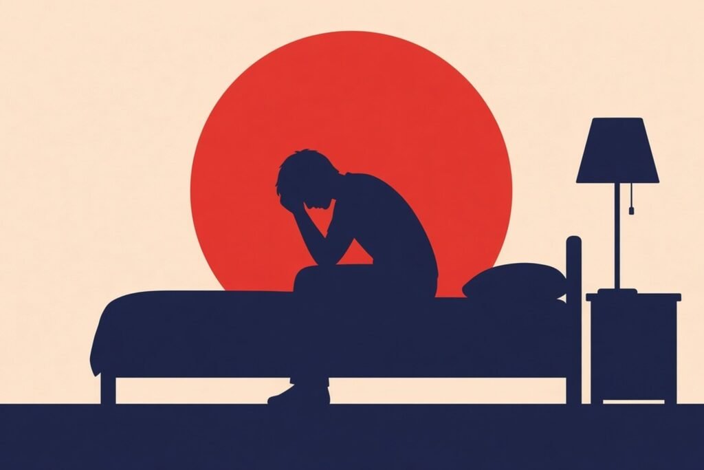 Flat vector illustration of a tired silhouetted figure sitting on the edge of a bed with head in hands beside a lamp, large red moon on a cream sky.