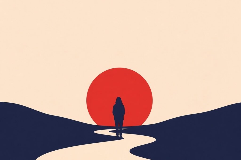 Flat vector illustration of a dark winding road curving endlessly toward a large red sun between bare trees on a cream sky.