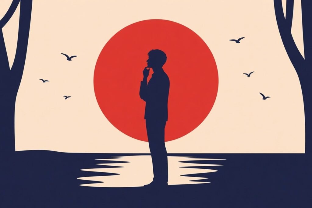 Flat vector illustration of a silhouetted man standing by still water with a hand near his lips, birds flying off, large red sun between bare trees on a cream sky.